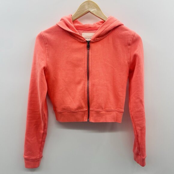American Eagle Womens Size Small Hooded Zippered Cropped Sweatshirt in Orange - Picture 1 of 5